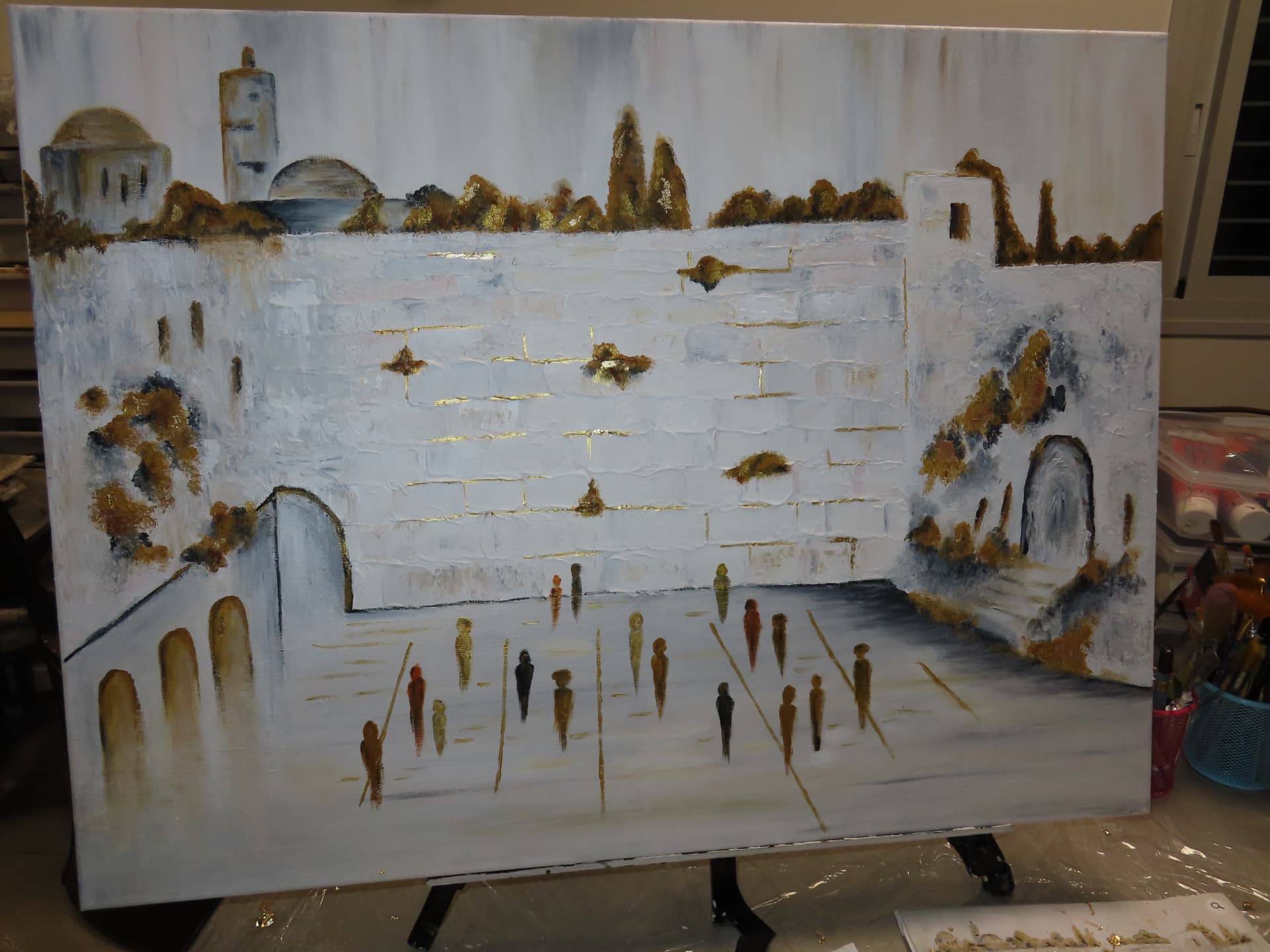 Student painting of the Kotel with warm gold accents