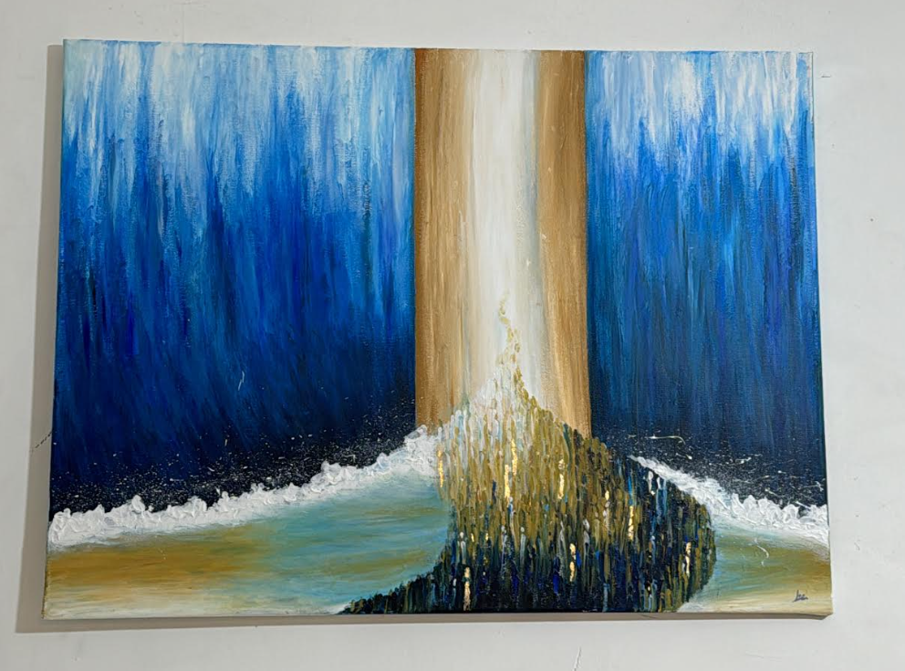 Student painting of the splitting of the sea in deep blue and gold