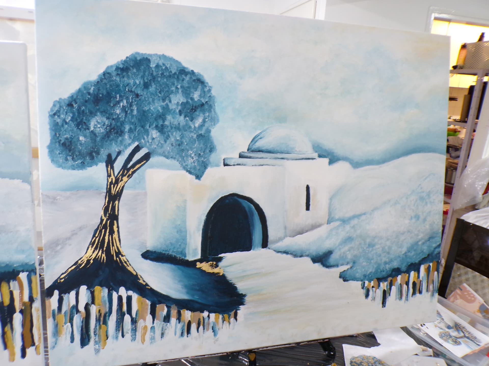 Student painting of Kever Rochel in snowy blue with a gold tree