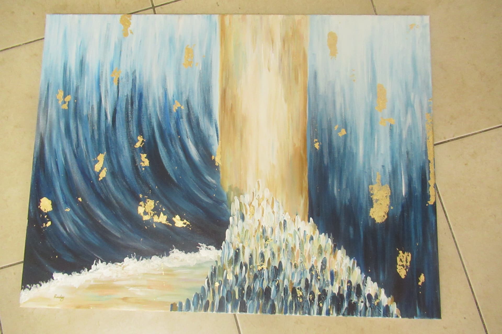 Student painting of the splitting of the sea with gold leaf flakes