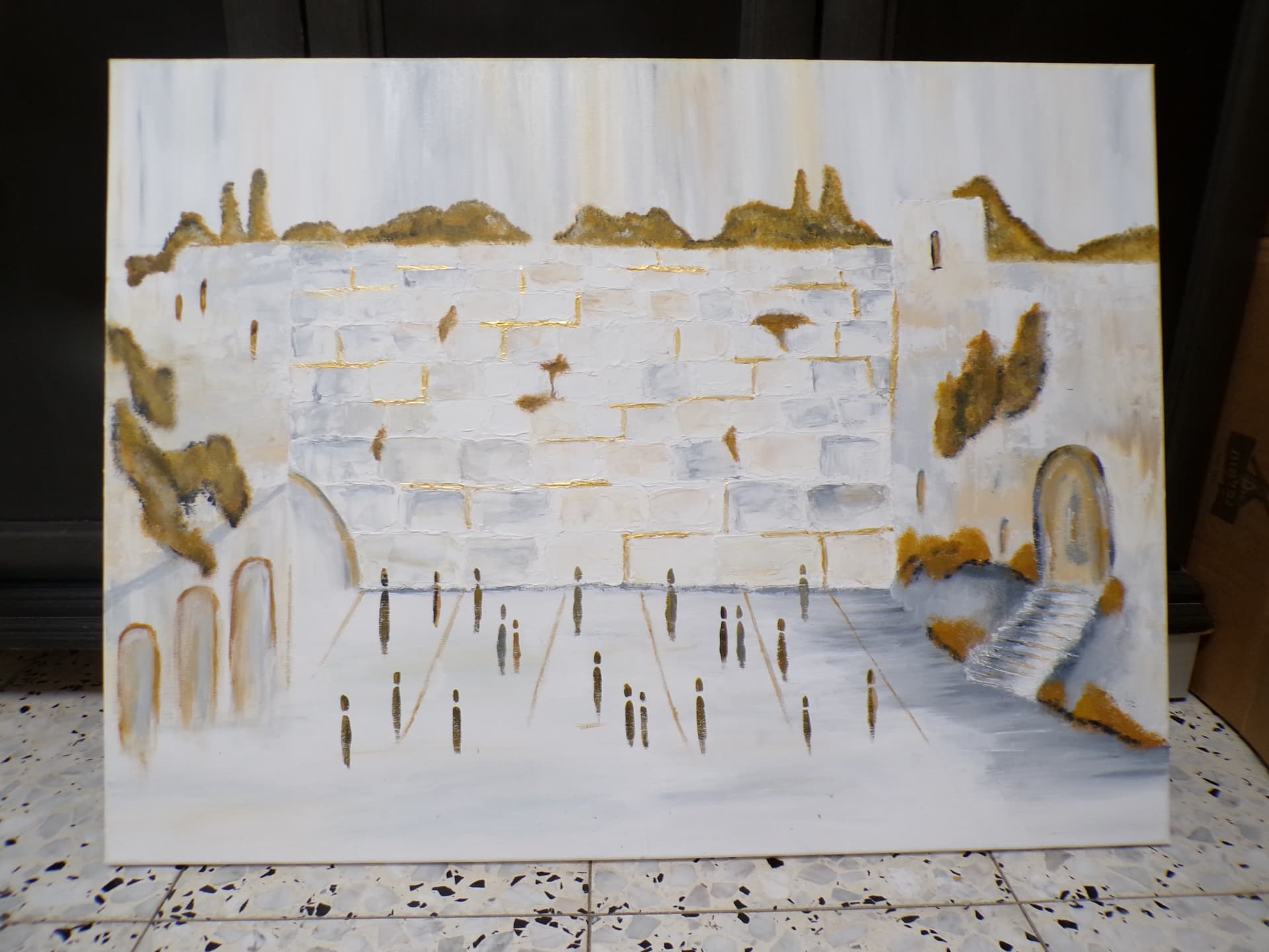 Student painting of the Kotel in soft grey, white, and gold
